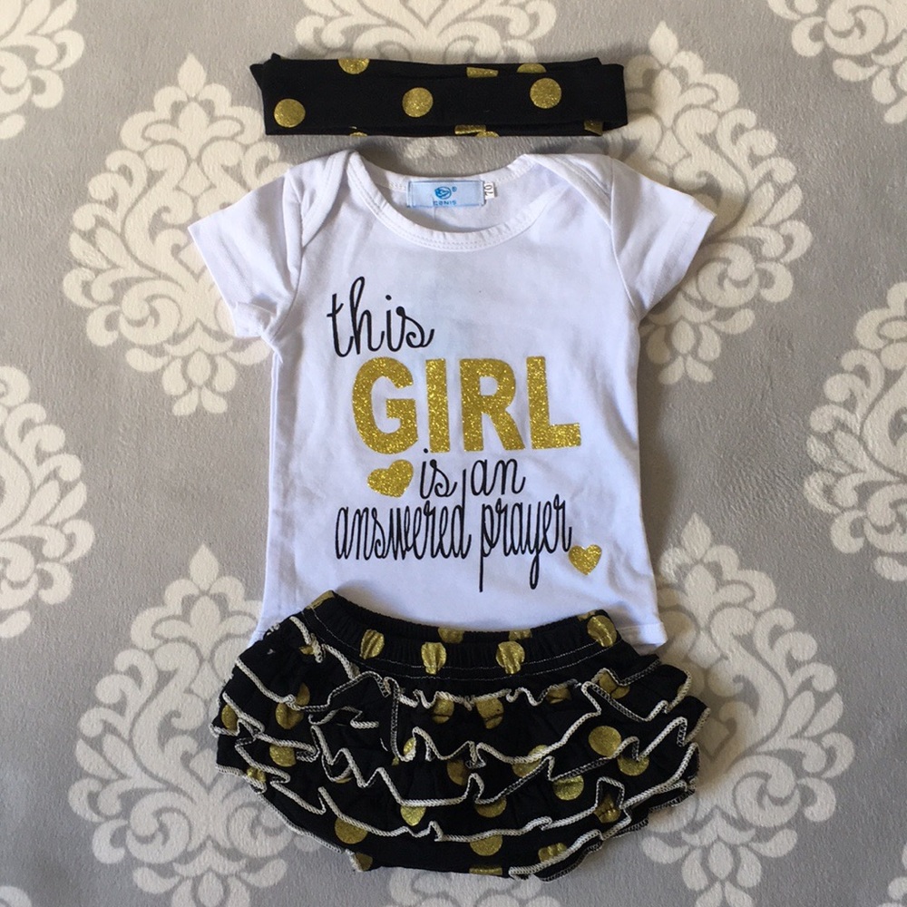 “This Girl Is An Answered Prayer” - Baby Girl Black & Gold Set: Onesie, Skirt